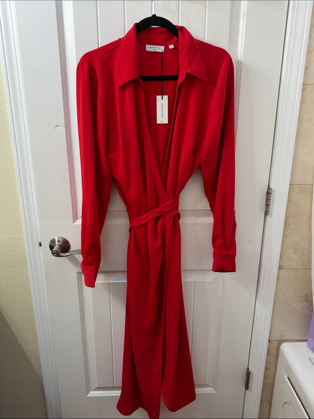 Babaton Red Wrap Shirt Dress with Tie Waist